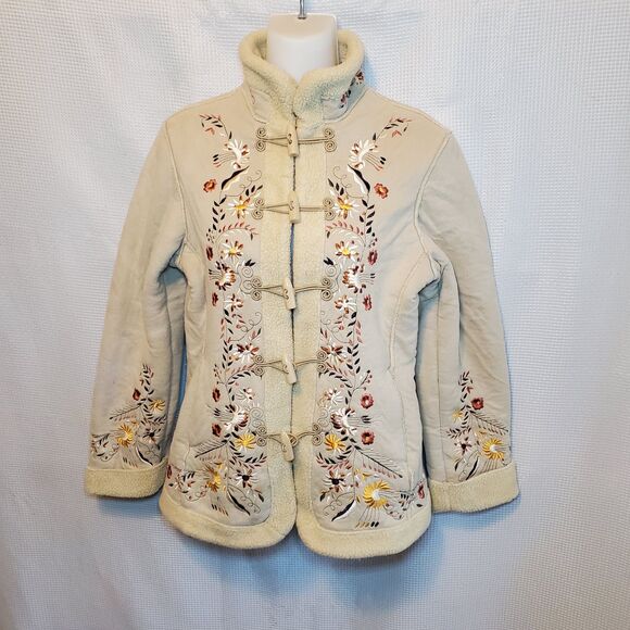 Penny Lane Tan Faux Suede Leather Embroidered Coat SHERPA Sz S Pheobe Friends - Picture 1 of 12